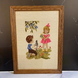 VTG Embroidered NEEDLEPOINT Boy With Camera Girl With Bouquet FRAMED Cottagecore